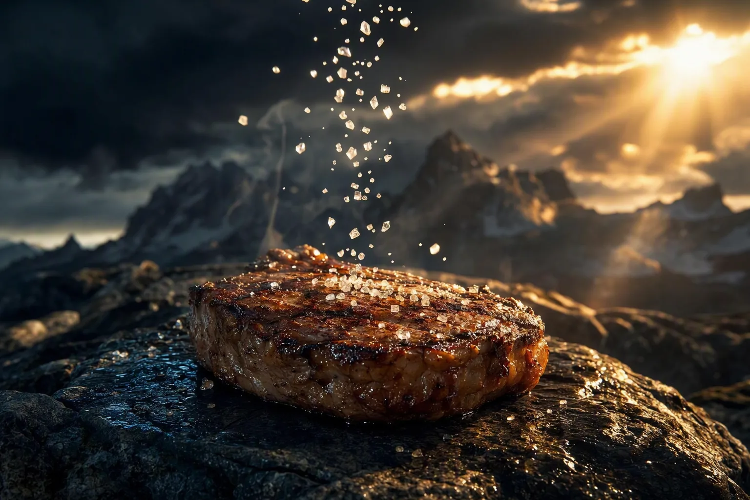 A thick grilled steak on dark rock under a dramatic alpine sunset, with a cascade of coarse sea-salt crystals falling onto it and sparkling in golden light.