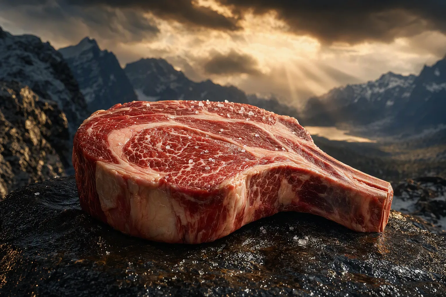 A thick, richly marbled bone-in ribeye on dark wet rock, its fat glistening in golden god-rays breaking through storm clouds over an alpine valley.