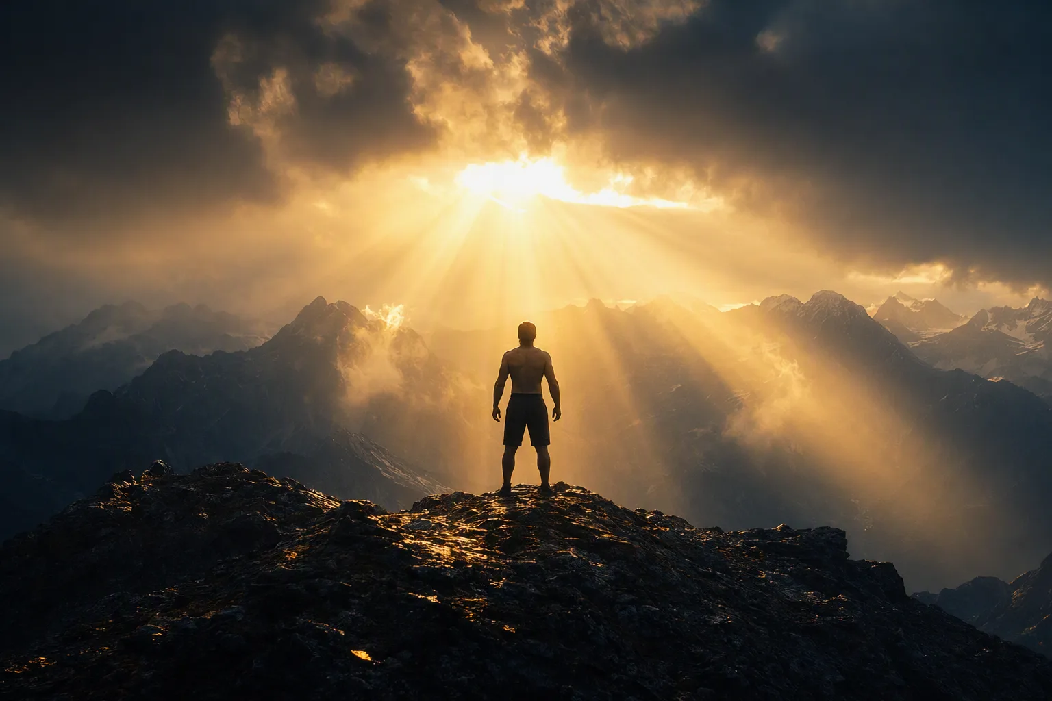 A lone man on a dark alpine ridge, seen from behind, bathed in brilliant golden sunlight as god-rays burst through breaking storm clouds.