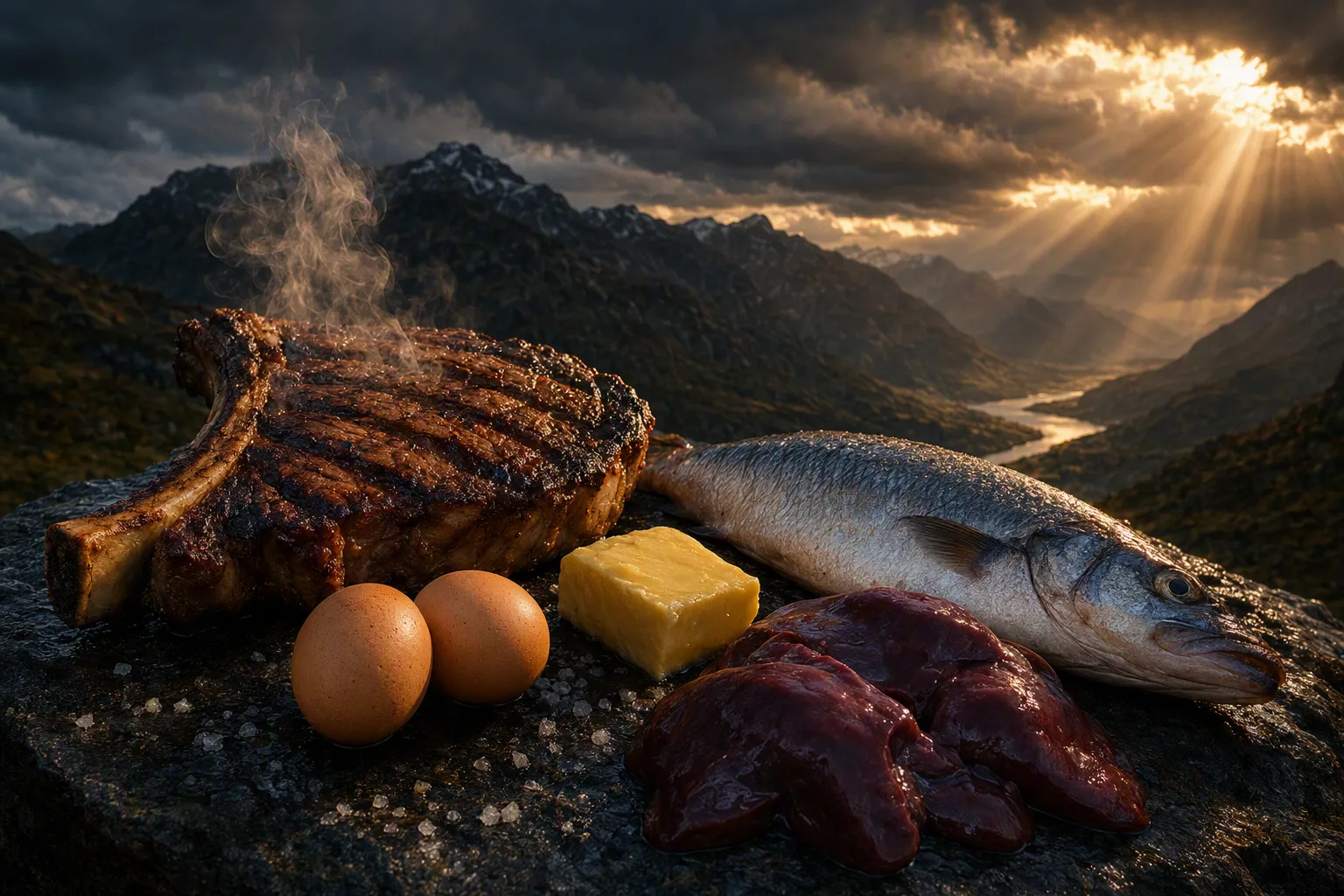A dramatic, cinematic spread of ancestral whole foods—grilled ribeye, eggs, butter, fish, liver and coarse salt—on dark rock, lit by golden god-rays over an alpine valley.