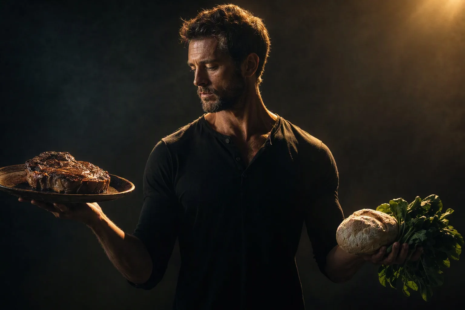 A lean, healthy man in dramatic chiaroscuro light weighs a glowing grilled steak in one hand against a pale loaf of bread and leafy greens fading into shadow in the other.